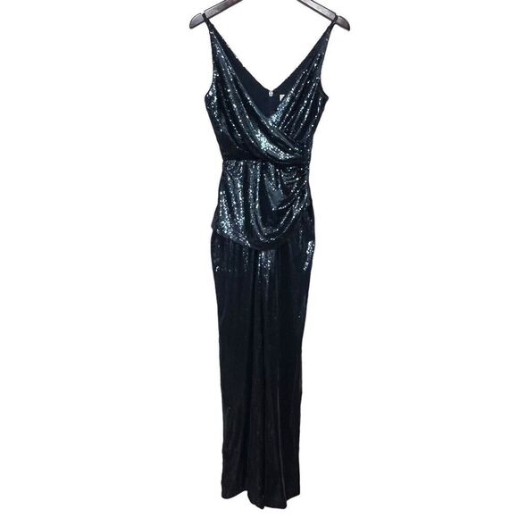 Dress The Population Sam Sequin Jumpsuit Navy Women’s Size XS Sleeveless Ruched - Picture 2 of 14